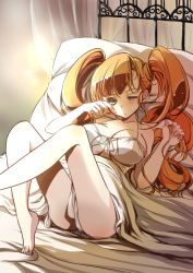 Rule 34 | 1girl, aq interactive, arcana heart, arcana heart 2, atlus, bare shoulders, barefoot, bed, breasts, brown hair, cleavage, drill hair, examu, feet, front-tie top, green eyes, holding, holding hair, large breasts, long hair, lying, on back, on bed, petra johanna lagerkvist, pillow, rubbing eyes, senkyoushi gondolf, solo, twin drills, twintails, uneven eyes, waking up