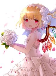 Rule 34 | 1girl, :d, alternate costume, blonde hair, bouquet, bow, breasts, bridal veil, bride, cowboy shot, dress, flandre scarlet, flower, frilled skirt, frills, from side, gem, glint, hair between eyes, hair flower, hair ornament, holding, holding bouquet, jewelry, layered skirt, looking at viewer, necklace, open mouth, pearl (gemstone), petals, red eyes, rose, sakizaki saki-p, short hair, side ponytail, simple background, skirt, sleeveless, sleeveless dress, small breasts, smile, solo, strapless, strapless dress, touhou, veil, wedding dress, white background, white bow, white dress, white flower, white rose, wings