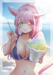 Rule 34 | 1girl, :3, animal ears, beach, bikini, blurry, breasts, cat ears, cat tail, cleavage, depth of field, final fantasy, final fantasy xiv, food, green eyes, holding, holding spoon, large breasts, light blush, long bangs, long hair, looking at viewer, miqo&#039;te, nail polish, navel, ocean, one eye closed, outstretched hand, pink hair, ponytail, shaved ice, signature, solo, spoon, striped bikini, striped clothes, sunlight, swimsuit, tail, usamiqote, warrior of light (ff14)