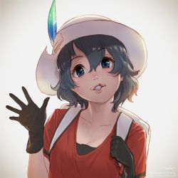 Rule 34 | 10s, 1girl, backpack, bag, black hair, blue eyes, collarbone, commentary request, feathers, gloves, helmet, highres, holding strap, kaban (kemono friends), kemono friends, pith helmet, shirt, short hair, short sleeves, solo, t-shirt, takami masahiro, upper body, waving