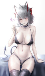 Rule 34 | 1girl, absurdres, areola slip, arknights, arm support, bare arms, black bra, black panties, black thighhighs, blush, bra, bra pull, breasts, choker, clothes pull, collarbone, demon tail, grey hair, heart, heart o-ring, highres, horns, lace, lace bra, lace choker, lace panties, large breasts, lingerie, looking at viewer, multi-strapped panties, navel, panties, parted lips, poni (poni arknights), red eyes, sidelocks, sitting, smile, solo, stomach, tail, thighhighs, underwear, w (arknights)