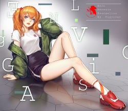 Rule 34 | 1girl, alternate costume, arm support, blue eyes, breasts, commentary request, fogriver, full body, highres, lipstick, long hair, looking at viewer, makeup, medium breasts, nail polish, neon genesis evangelion, orange hair, parted lips, shirt, sitting, solo, souryuu asuka langley, twintails, two side up, white shirt