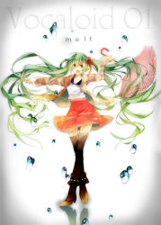 Rule 34 | 1girl, bad id, bad pixiv id, green eyes, green hair, hanagata, hatsune miku, high heels, highres, jacket, crossed legs, long hair, matching hair/eyes, melt (vocaloid), open mouth, outstretched arms, shoes, sitting, skirt, solo, thighhighs, twintails, umbrella, very long hair, vocaloid