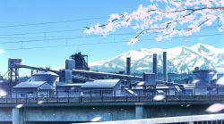 Rule 34 | bad id, bad pixiv id, blue sky, blue theme, branch, cherry blossoms, city, cityscape, day, factory, gensuke (ryun), highres, motion blur, mountain, no humans, original, outdoors, petals, power lines, railing, railroad tracks, scenery, sky