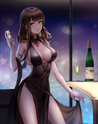 Rule 34 | 1girl, absurdres, bad id, bad pixiv id, black dress, black ribbon, blunt bangs, blurry, blurry background, breasts, brown hair, choker, cleavage, closed mouth, collarbone, covered navel, cup, dress, drinking glass, dsr-50 (girls&#039; frontline), dsr-50 (highest bid) (girls&#039; frontline), earrings, girls&#039; frontline, highres, holding, holding cup, jewelry, large breasts, lens flare, long dress, long hair, looking at viewer, mirrored text, official alternate costume, red eyes, rei no himo, revealing clothes, ribbon, selcky, side slit, sideboob, skirt hold, sleeveless, sleeveless dress, smile, solo, standing, wavy hair, wine glass