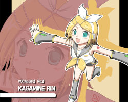 Rule 34 | 1girl, :d, arm warmers, belt, black shorts, blonde hair, blouse, blue eyes, blush, bow, character name, copyright name, dune (artist), fang, hair bow, hair ornament, hairclip, headphones, kagamine rin, leg warmers, looking at viewer, open mouth, outstretched arms, ribbon, running, sailor collar, shirt, short hair, shorts, sleeveless, smile, solo, spread arms, swept bangs, tattoo, vocaloid, white bow, white shirt, yellow ribbon, zoom layer