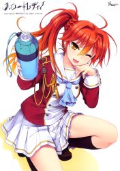 Rule 34 | 1girl, ;d, absurdres, akahito tamao, bottle, company name, copyright name, gradient hair, hello lady!, highres, long hair, multicolored hair, offering drink, one eye closed, open mouth, orange hair, saeki hokuto, school uniform, smile, solo, squatting, wink, yellow eyes