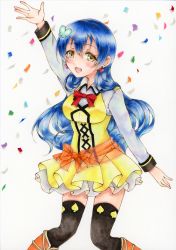 Rule 34 | 1girl, absurdres, artist name, artist request, black legwear, blue hair, blush, boots, bow, bowtie, breasts, butterfly hair ornament, collared shirt, cross-laced clothes, cross-laced dress, dress, earrings, female focus, hair between eyes, hair ornament, hand up, hand wave, heart, heart earrings, highres, jewelry, long hair, long sleeves, looking at viewer, love live!, love live! school idol festival, love live! school idol project, medium breasts, necklace, orange bow, orange footwear, parted lips, red bow, red bowtie, shirt, skirt, smile, solo, sonoda umi, spade print, sunny day song, white background, yellow dress, yellow eyes, yellow skirt