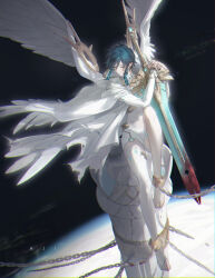 Rule 34 | 1boy, absurdres, aji 11300913, ankle cuffs, aqua hair, arm warmers, barefoot, black hair, blood, bloody weapon, braid, bridal legwear, broken, broken chain, chain, chained, cloak, closed mouth, crop top, feathered wings, full body, genshin impact, glint, gradient hair, greatsword, green eyes, highres, holding, holding sword, holding weapon, hood, hood down, hooded cloak, hugging object, knee up, leg tattoo, looking to the side, male focus, midriff, multicolored hair, multiple wings, official alternate costume, pillar, shirt, short hair with long locks, shorts, side braids, single thighhigh, sitting, skyward pride (genshin impact), sleeveless, sleeveless shirt, smile, solo, space, sword, tattoo, thighhighs, venti (archon) (genshin impact), venti (genshin impact), weapon, white cloak, white shirt, white shorts, white thighhighs, white wings, wings
