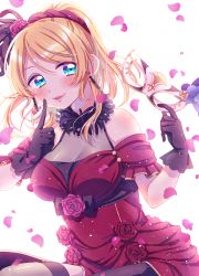 Rule 34 | 10s, 1girl, absurdres, ayase eli, black gloves, blonde hair, blue eyes, breasts, cleavage, clothing cutout, dress, earrings, finger to cheek, flower, gloves, hair flower, hair ornament, hairband, highres, hina (hinalovesugita), jewelry, large breasts, love live!, love live! school idol festival, love live! school idol project, mask, unworn mask, petals, pink flower, pink rose, ponytail, red dress, red flower, red rose, rose, see-through, shoulder cutout, sidelocks, sitting, smile, solo, thighhighs