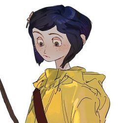 1girl blue_hair blush closed_mouth coraline coraline_(film) coraline_jones eere freckles lowres portrait short_hair simple_background solo white_background yellow_raincoat