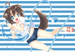 Rule 34 | 1girl, ahoge, animal ears, blue eyes, blush, brown hair, dog ears, dog tail, hose, original, sandals, short hair, shorts, smile, solo, striped, striped background, sumikaze, tail, water
