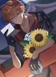 Rule 34 | 1boy, black gloves, blue eyes, blue flower, bouquet, box, closed mouth, crossed bangs, earrings, flower, genshin impact, gift, gift box, gloves, hair between eyes, highres, holding, holding gift, jacket, jewelry, kani misso, male focus, night, orange hair, outdoors, pants, railing, red scarf, scarf, single earring, sky, solo, sparkle, star (sky), sunflower, tartaglia (genshin impact)