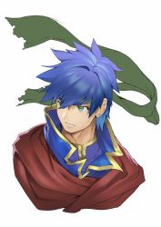 Rule 34 | 1boy, absurdres, blue hair, cape, closed mouth, cropped shoulders, fire emblem, fire emblem: path of radiance, green eyes, green headband, headband, highres, ike (fire emblem), looking to the side, male focus, nintendo, portrait, red cape, rx hts, simple background, solo, spiked hair, white background