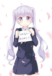 Rule 34 | 1girl, blush, highres, holding, holding sign, long hair, long sleeves, looking at viewer, new game!, purple eyes, purple hair, sign, smile, solo, stick jitb, suzukaze aoba, translated, twintails