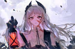 Rule 34 | 1girl, 2328625772, arknights, black gloves, black jacket, blood, blood on clothes, blood on face, bright pupils, capelet, closed mouth, earrings, expressionless, feather hair, floating hair, gloves, grey eyes, grey hair, highres, holding, holding lantern, irene (arknights), jacket, jewelry, lantern, lips, long hair, looking at viewer, pink pupils, scar, scar across eye, solo, upper body, white capelet