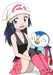 Rule 34 | 1girl, bare shoulders, beanie, black shirt, black socks, blue eyes, blue hair, boots, breasts, closed eyes, collarbone, creatures (company), dawn (pokemon), female focus, game freak, gen 4 pokemon, hair ornament, hairclip, hands together, happy, hat, kneehighs, knees up, legs together, long hair, looking at viewer, miniskirt, nintendo, no panties, open mouth, pink footwear, pink scarf, pink skirt, piplup, pleated skirt, poke ball symbol, poke ball theme, pokemon, pokemon (creature), pokemon dppt, scarf, shirt, simple background, sitting, skirt, sleeveless, small breasts, smile, socks, solo focus, white background, white headwear, yuihico