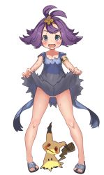 Rule 34 | 1girl, acerola (pokemon), armlet, bad id, bad pixiv id, bare legs, blue eyes, blush, clothes lift, creatures (company), dress, dress lift, elite four, flat chest, flipped hair, full body, game freak, gen 7 pokemon, hair ornament, kei (soundcross), lifted by self, looking at viewer, mimikyu, nintendo, no panties, open mouth, pokemon, pokemon (creature), pokemon sm, purple hair, pussy juice, sandals, short hair, simple background, smile, standing, sweat, topknot, trial captain, white background