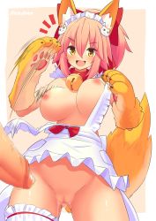 Rule 34 | 1boy, 1girl, animal ear fluff, animal ears, animal hands, apron, bell, blush, breasts, breasts out, cat hair ornament, cat paws, censored, cleft of venus, clip studio paint (medium), collar, commentary, erection, fangs, fate/grand order, fate (series), fox ears, fox girl, fox tail, gloves, hair ornament, hair ribbon, heart, heart-shaped pupils, highres, jingle bell, kazukoto, large breasts, long hair, md5 mismatch, mosaic censoring, naked apron, neck bell, nipples, paw gloves, penis, pink hair, ponytail, pussy, pussy juice, red ribbon, resolution mismatch, ribbon, source smaller, symbol-shaped pupils, tail, tamamo (fate), tamamo cat (fate), tamamo cat (third ascension) (fate), yellow eyes