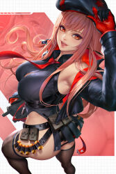 Rule 34 | 1girl, :d, arm up, ass, assault rifle, bare shoulders, beret, black gloves, black jacket, black leotard, black thighhighs, breasts, bullet, cleavage cutout, clothing cutout, gloves, goddess of victory: nikke, gun, hat, highres, holding, holding gun, holding weapon, jacket, large breasts, leotard, lips, long hair, long sleeves, looking at viewer, looking back, necktie, neoartcore, open mouth, orange hair, pink hair, rapi (nikke), red necktie, rifle, smile, solo, thighhighs, weapon