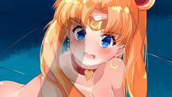 Rule 34 | 1girl, bishoujo senshi sailor moon, blonde hair, blue eyes, blush, breasts, choker, earrings, highres, jewelry, looking at penis, magical girl, medium breasts, meme, nude, open mouth, penis shadow, pruzhka (wardi113), red choker, sailor moon, sailor moon redraw challenge (meme), solo, twintails