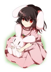 Rule 34 | 1girl, :3, animal ears, bad id, bad pixiv id, brown hair, carrot, carrot necklace, dress, inaba tewi, jewelry, looking at viewer, nakukoroni, necklace, pendant, pink dress, puffy sleeves, rabbit, rabbit ears, red eyes, short sleeves, simple background, sitting, smile, solo, touhou, white background, | |