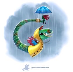 Rule 34 | :d, black eyes, buttons, creature, cryptid creations, fang, fang out, from side, full body, holding, holding umbrella, hood, jacket, no humans, open mouth, original, profile, quetzalcoatl (mythology), rain, raincoat, scales, smile, umbrella, water, watermark, web address, wings, yellow jacket