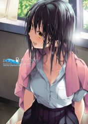 Rule 34 | 1girl, :d, black hair, blouse, blush, breast pocket, breasts, classroom, collarbone, curtains, day, desk, hair between eyes, highres, indoors, long hair, looking to the side, medium breasts, on desk, open mouth, original, partially unbuttoned, pleated skirt, pocket, purple skirt, school, school desk, school uniform, shirt, short sleeves, sidelocks, sitting, on desk, skirt, smile, solo, suzuki nago, teeth, towel, towel around neck, upper body, wet, wet hair, white shirt, window