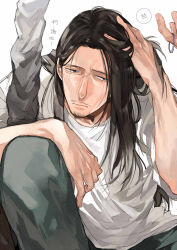 Rule 34 | 1boy, black hair, closed mouth, facial hair, frown, furrowed brow, get3, giving, goatee, hair down, hair ornament, hair tie, hand in own hair, hand on own head, hand on own knee, hand up, holding, holding hair ornament, hunter x hunter, knee up, long hair, long sleeves, looking at viewer, male focus, mustache, nobunaga hazama, out of frame, sanpaku, shirt, simple background, sitting, solo focus, upper body, weapon bag, white background, white shirt