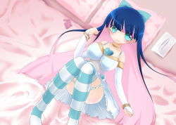 Rule 34 | 10s, bed, blush, breasts, cleavage, highres, lying, panties, panty &amp; stocking with garterbelt, smile, stocking (psg), underwear