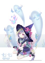 Rule 34 | 1girl, absurdres, arm support, backpack, bag, bead necklace, beads, black gloves, braid, commentary request, cosplay, dress, frilled dress, frills, genshin impact, ghost, gloves, hair between eyes, hat, highres, jewelry, jiangshi, klee (blossoming starlight) (genshin impact), klee (genshin impact), klee (genshin impact) (cosplay), lantern, leaning forward, long hair, looking up, low ponytail, necklace, ofuda, ofuda on head, purple eyes, purple hair, qiqi (genshin impact), qixia, short sleeves, sidelocks, simple background, single braid, sitting, vision (genshin impact), wariza, white background, witch hat, zoom layer