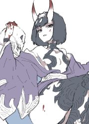 Rule 34 | 1girl, absurdres, black eyes, black hair, breasts, coat, diotheworld78, eyebrows hidden by hair, fate/grand order, fate (series), food, highres, holding, holding skull, horns, japanese clothes, kimono, looking at viewer, onigiri, open mouth, shuten douji (fate), simple background, skin-covered horns, skull, solo, white background