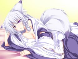 Rule 34 | 1girl, :d, animal ears, arm behind head, arm support, bed, blush, breasts, cleavage, detached sleeves, eyes visible through hair, fox ears, fox tail, game cg, gradient background, inakoi, indoors, japanese clothes, kuzuha, kuzuha (inakoi), long hair, lying, mature female, medium breasts, miko, on bed, on side, open mouth, purple eyes, sleeves past wrists, smile, solo, tail, tenmaso, white hair, wolf ears