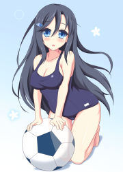 Rule 34 | 1girl, ball, barefoot, beachball, black hair, blue background, blue eyes, blue one-piece swimsuit, blush, breasts, cleavage, collarbone, commentary request, full body, gradient background, hair between eyes, hair ornament, hairclip, highres, kneeling, legs together, long hair, looking at viewer, medium breasts, mole, mole under eye, one-piece swimsuit, parted bangs, school swimsuit, simple background, skindentation, soccer ball, solo, surprised, swimsuit, takahiko, venus eleven vivid!, very long hair