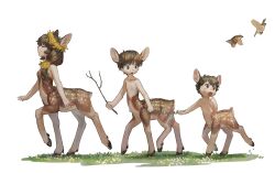 Rule 34 | 1girl, 2boys, all fours, animal ears, animal nose, bird, body fur, breasts, brown hair, child, cleavage, deer boy, deer girl, flower, flower on head, highres, hooves, male focus, mother and son, mullmull02, multiple boys, on grass, open mouth, original, simple background, small breasts, smile, white background