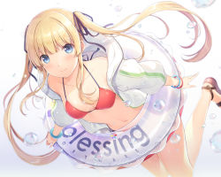 Rule 34 | 1girl, 6u (eternal land), bad id, bad pixiv id, bikini, black ribbon, blonde hair, blue eyes, blush, brown footwear, closed mouth, commentary request, dutch angle, gradient background, grey background, hair ribbon, innertube, jacket, long hair, long sleeves, looking at viewer, open clothes, open jacket, puffy long sleeves, puffy sleeves, red bikini, ribbon, saenai heroine no sodatekata, sandals, sawamura spencer eriri, smile, solo, swim ring, swimsuit, transparent, twintails, very long hair, water drop, white background, white jacket