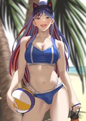 1girl :d animal_hat ball beach beach_volleyball bikini blue_bikini blue_hair blurry blurry_background bottle breasts cat_hat hat highres holding holding_ball holding_bottle kantai_collection large_breasts long_hair looking_at_viewer multicolored_hair navel ocean official_alternate_costume open_mouth outdoors palm_tree red_hair shingyou_(alexander-13) smile solo south_dakota_(kancolle) south_dakota_kai_(swimsuit_mode)_(kancolle) sports_bikini streaked_hair sweat swimsuit teeth tree upper_teeth_only visor_cap volleyball_(object)