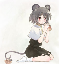 Rule 34 | 1girl, ahoge, animal ears, blouse, bread, eating, female focus, food, grey hair, mouse (animal), mouse ears, mouse tail, nazrin, no shoes, nonaka yuu, red eyes, shirt, short hair, simple background, socks, solo, tail, touhou, white shirt, white socks