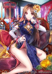 Rule 34 | 1girl, barefoot, brown hair, china dress, chinese clothes, clothes lift, cushion, dress, dress lift, earrings, flower, hair flower, hair ornament, jewelry, legs, long hair, looking at viewer, red eyes, sila (carpen), sitting, smile, solo, tenka touitsu chronicle