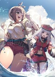 Rule 34 | 2girls, atelier (series), atelier judie, atelier resleriana, atelier ryza, atelier ryza 1, belt, bracelet, brown belt, brown hair, flask, grey hair, hands up, headdress, highres, in-franchise crossover, jacket, jewelry, judith volltone, leather belt, long hair, medium hair, midriff, miniskirt, multiple girls, necklace, official art, one eye closed, open mouth, outdoors, red shorts, reisalin stout, round-bottom flask, short shorts, shorts, skirt, sleeveless, sleeveless jacket, smile, splashing, star (symbol), star necklace, thick thighs, thighs, turtleneck, umiu geso, very long hair, vial, wading, water, white headwear, wide sleeves, yellow jacket