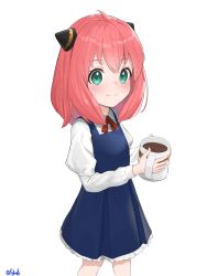Rule 34 | 1girl, anya (spy x family), asurada yui, blue dress, bow, child, closed mouth, collared shirt, commentary request, cup, dress, dress shirt, frilled dress, frills, green eyes, highres, holding, holding cup, juliet sleeves, long hair, long sleeves, looking at viewer, mug, pink hair, pleated dress, puffy sleeves, red bow, shirt, simple background, sleeveless, sleeveless dress, smile, solo, spy x family, white background, white shirt