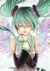 Rule 34 | 1girl, bare shoulders, closed eyes, colored eyelashes, detached sleeves, eyelashes, floating hair, green hair, hands on own chest, hatsune miku, headphones, highres, ks (xephyrks), microphone, music, singing, solo, twintails, upper body, vocaloid, wings