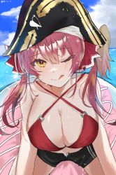 Rule 34 | 1girl, ;d, artist name, bare shoulders, bikini, bikini top only, breasts, cleavage, cloud, eyelashes, hailiu, hair between eyes, hair ornament, halterneck, hat, highres, hololive, houshou marine, houshou marine (summer), innertube, large breasts, low twintails, ocean, one eye closed, open mouth, pirate, pirate hat, red bikini, red hair, short shorts, shorts, smile, sparkle, spread legs, sweatdrop, swim ring, swimsuit, twintails, virtual youtuber, yellow eyes