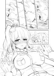 Rule 34 | 1boy, 1girl, admiral (kancolle), bed, blush, breasts, comic, closed eyes, greyscale, hair between eyes, hair ornament, heart, hetero, highres, kantai collection, kiss, large breasts, long hair, long sleeves, lying, military, military uniform, monochrome, naval uniform, neckerchief, on bed, rui shi (rayze ray), saratoga (kancolle), short sleeves, side ponytail, silent comic, spoken heart, uniform