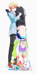 Rule 34 | 2boys, aqua hair, black footwear, black pants, blonde hair, brown footwear, carrying, carrying person, closed eyes, closed mouth, collared shirt, commentary request, full body, gradient hair, hand on another&#039;s leg, hand on another&#039;s thigh, highres, injection, jacket, kamishiro rui, long sleeves, male focus, multicolored hair, multiple boys, navel, necktie, notebook, open clothes, open jacket, open mouth, orange eyes, orange hair, pants, project sekai, purple hair, purple necktie, sekai yoni, shirt, short hair, sleeves past elbows, standing, stuffed chicken, tenma tsukasa, upside-down, wrench