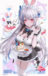 Rule 34 | 1girl, ahoge, animal ears, apron, barcode, black bow, black bowtie, black dress, blue bow, blue butterfly, blue hair, blush, border, borrowed character, bow, bowtie, breasts, bug, butterfly, butterfly hair ornament, cake, cleavage, commentary, confetti, cup, detached collar, double bun, dress, english commentary, fake animal ears, food, fork, fruit, hair bun, hair ornament, heart, highres, holding, holding fork, holding plate, insect, long hair, looking at viewer, maid, maid headdress, medium breasts, multicolored hair, napkin, naru 0, open mouth, original, plate, purple bow, rabbit ears, red eyes, strawberry, streaked hair, stuffed animal, stuffed rabbit, stuffed toy, tea, teacup, thighhighs, whipped cream, white apron, white hair, white thighhighs, wrist cuffs