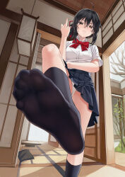 Rule 34 | 1girl, absurdres, ahoge, black hair, black skirt, black socks, bow, breasts, brown eyes, closed mouth, collared shirt, commentary request, foot out of frame, frown, hair between eyes, hair ribbon, highres, indoors, kimi no na wa., middle finger, miyamizu mitsuha, no shoes, panties, pleated skirt, red bow, ribbon, shirt, short hair, short sleeves, skirt, small breasts, socks, soles, solo, standing, standing on one leg, toenails, toes, underwear, white panties, xo (xo17800108)