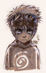 Rule 34 | 1boy, child, closed mouth, commentary, crying, crying with eyes open, dated, english commentary, goggles, goggles on head, highres, hood, hoodie, looking at viewer, male focus, messy hair, naruto, naruto (series), partially colored, sad, sketch, solo, tears, upper body, uzumaki naruto, vashperado
