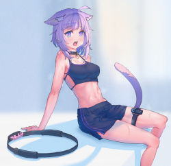 Rule 34 | 1girl, absurdres, ahoge, animal ears, arm support, bare arms, bare shoulders, black shorts, blunt bangs, blurry, blurry background, blush, breasts, buckle, cat ears, cat girl, cat tail, cleavage, collar, commentary request, cucumbear073, depth of field, feet out of frame, female focus, heavy breathing, highres, hololive, joy-con, leaning back, looking at viewer, medium breasts, navel, nekomata okayu, open mouth, purple eyes, purple hair, ring-con, ring fit adventure, short hair, shorts, side slit, sitting, solo, sports bra, stomach, sweat, tail, thigh strap, toned, virtual youtuber