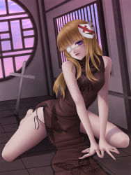 Rule 34 | 1girl, all fours, bad id, bad pixiv id, blonde hair, china dress, chinese clothes, cross, dress, eyepatch, female focus, full body, highres, indoors, long hair, mask, mochi.f, original, purple eyes, sky, solo, thighs, v arms, window